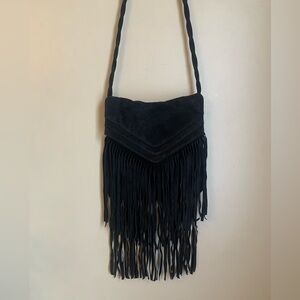 JJ Winters BOHO Fringe Black Suede Crossbody Purse Bag Festival Western Leather